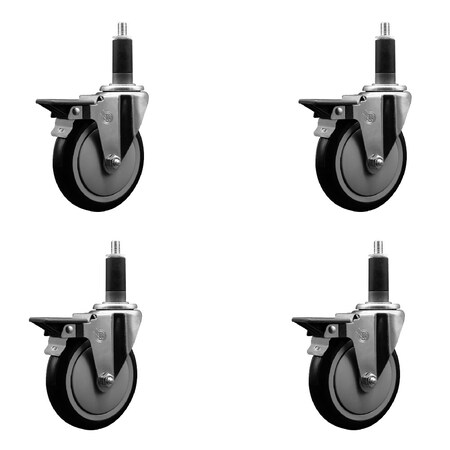 Service Caster 5'' Black Poly Swivel 1-1/8'' Expanding Stem Caster Set with Brake, 4PK SCC-EX20S514-PPUB-BLK-PLB-118-4